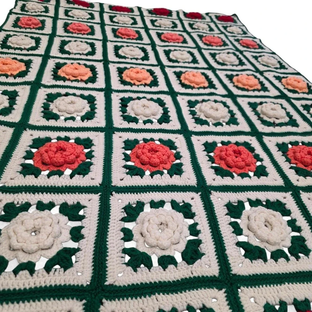 Handmade Crochet Knit Throw Granny Blanket 3D Afghan Roses Square Floral Cottage
